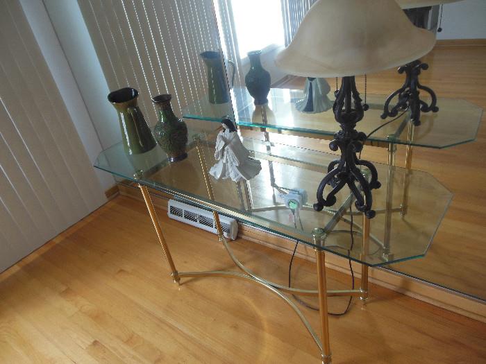Various Beveled Glass Entry Way Tables, Gold Tone Base