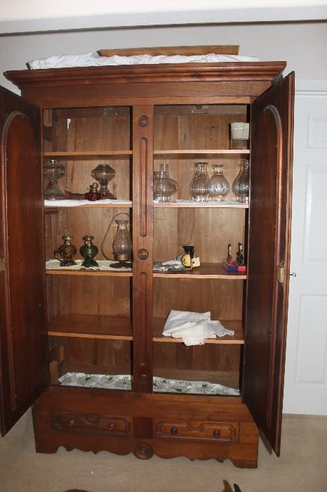 Vintage China Cabinet and assorted Oil Lamps