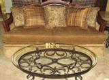 Beautiful Custom Chenille Upholstered Craft Master Estate Collection Sofa with Leather & Wood Trim shown with Custom made Pillows and Wrought Iron Bevel Glass Top Round Cocktail Table