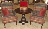 Lexington Wing Backed Plaid Upholstered Queen Anne Chairs(2 ea), Pine Game Table (30"H x 36"D) shown with Ceramic Chess Set in chest
