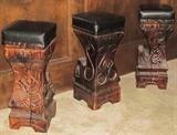 Vintage 1970's Hand Carved Spanish Style Bar Stools with Black Naugahyde Upholstered Seat (3 ea.)