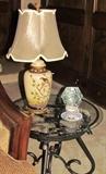 Wrought Iron Bevel Glass Top Occasional Table (26"D x 21"H) shown with Porcelain Hand Painted Ginger Jar Table Lamp