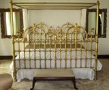 Custom Made Italian Florentine Wrought Iron Canopy Bed (80"W x 82"L). Bed comes with a Brand New (still in plastic) Custom Made Mattress and Foundation. Shown with a Pair Ornate Gold Leaf Wood Mirrors and an Antique Stool