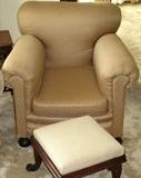 Antique Rolled Arm Easy Chair with Bun Feet Upholstered in coordinating fabric to match the Sofa. Shown with Foot Stool