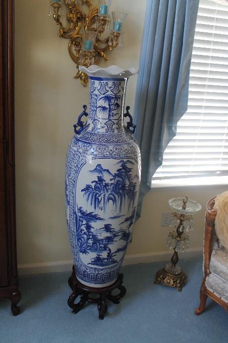 This Blue & White Asian Vase is approximately 4 feet tall without any chips.  Elegant!