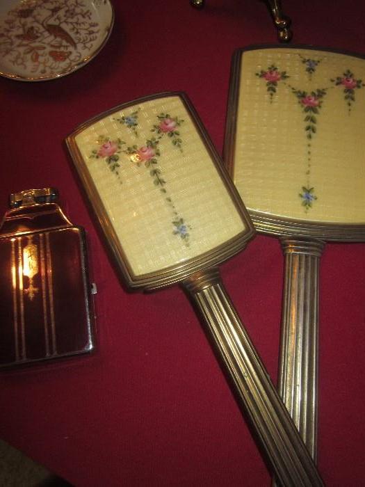 antique brush and mirror set, vintage lighter with cigarette case