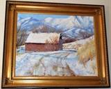 Large oil on canvas of barn scape in snow, signed E.K. Wallis
