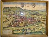 Antique engraving of map of city of Namur in Belgium, engraving by Braun and Hogenberg, after engraving by Arnoldus Masius in 1575