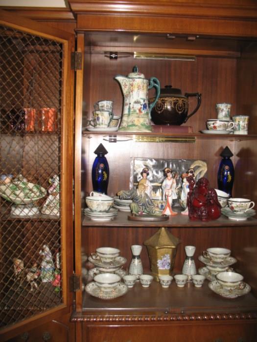 oriental tea set, figures, knick knacks
