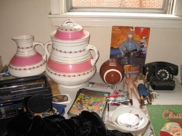 old phone, Barbie and Ken, large china pitcher and pot