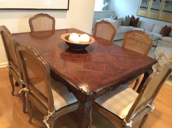 Custom Dining table with Parquet top & 6 custom French cane back chairs 