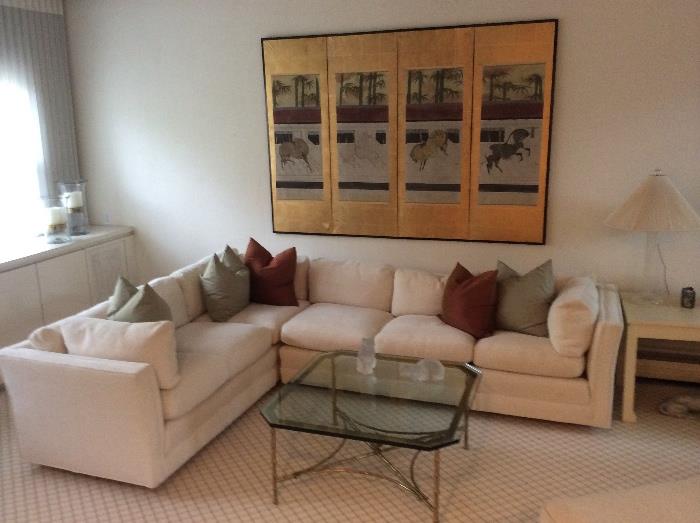 Living room sectional sofa, glass & brass coffee table & Chinese painted horses screen