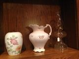 Kerosene Lamp, Ginger Jar, and Antique Wash Basin