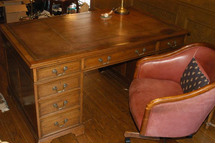 Vintage Leather Topped Desk with 9 drawers