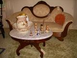 Newer marble top coffee table, antique medallion back walnut sofa, Victorian bowl & pitcher, etc.