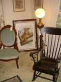 Medallion back parlor chair, newer painting of leopard, electrified antique organ lamp, older 'Boston' rocker