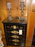 Diminutive hand-painted chest (no make or signature found) with boudoir lamps on top.