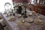 Dining Room table and chairs, tablecloth, china