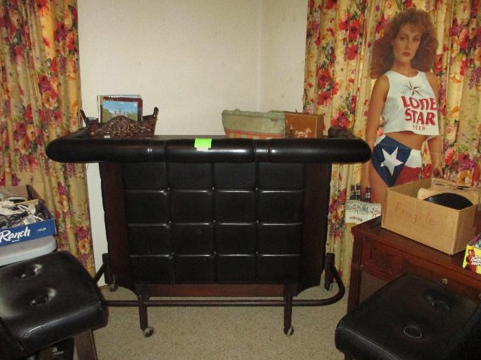 Vintage Rolling Bar With Two Bar Stools In Excellent Shape!  Vintage Lone Star Girl Cut Out. 