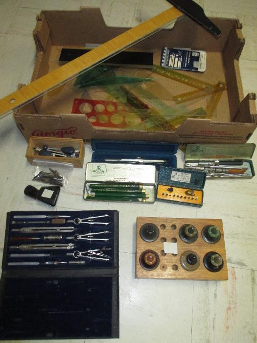 Vintage Drafting Tools: K&E LeRoy Lettering Scriber, Pencil Pointer, Charvas Drafting Tools, Ink Well, A.W. Faber Eraser, Wrico Letting Pens, Leroy Lettering Pens, Kimbery Drawing Pencils, Higgins Ink, Bruning Proportional Drafting Tool, Swan Ink, Gramercy Drafting Pencil and More!