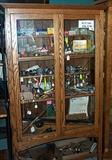 Fishing items and nice oak display cabinet.