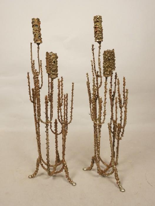 Lot 2  -  Pr C JERE Brutalist  Candlestick Sculptures. Textured metal rods with three candle holders. Signed & dated '67.-- Dimensions:  H: 16 inches: W: 5.5 inches --- 