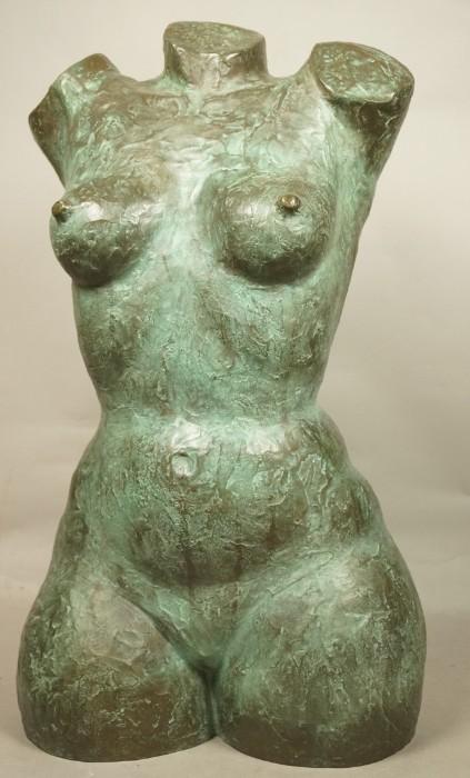 Lot 4  -  Large Bronze Figural Sculpture. ARISTIDE MALLOI. Female Torso. c. 1970's recast. Warm green patina. Signed A. Malloi-- Dimensions:  H: 27 inches: W: 15 inches: D: 8 inches --- 