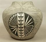 Lot 7  -  Large American Indian Ceramic Pot. Black & White Linear Design. Probably ACOMA PUEBLO. Not marked.-- Dimensions:  H: 12 inches: W: 13 inches --- 