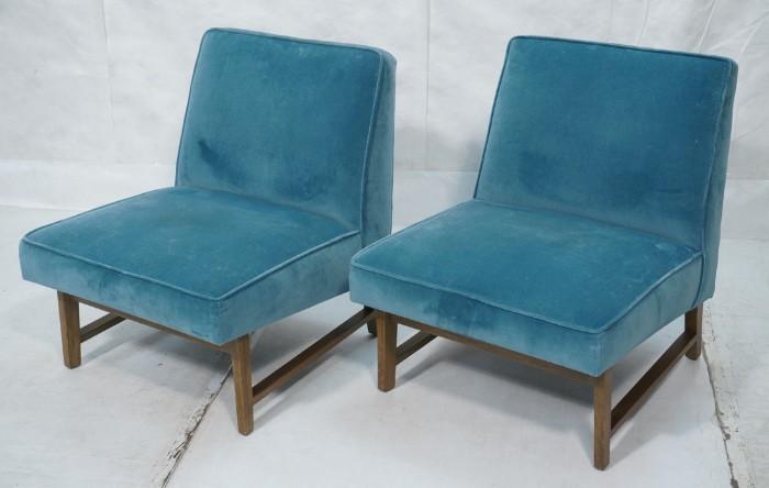Lot 9  -  Pr DUNBAR American Modern Walnut Side Chairs. Tiffany Blue Velvet Upholstery. Slipper Chairs. Dunbar tag.-- Dimensions:  H: 31 inches: W: 26 inches: D: 28 inches --- 