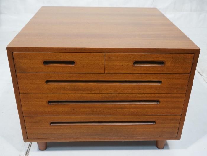 Lot 10  -  DUNBAR American Modern 5 Drawer End Table Stand. Round Dowel Legs. Metal tag.-- Dimensions:  H: 23 inches: W: 30 inches: D: 30 inches --- 
