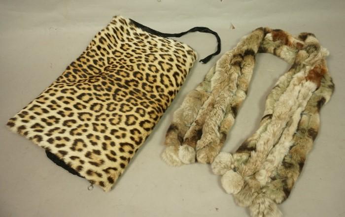 Lot 32  -  2pc fur lot. Leopard Muff with side zipper compartment. Chinchilla pieced fur scarf. Boxed-- Dimensions:   --- 