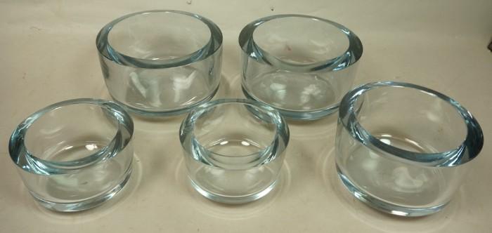 Lot 35  -  5pc Art Glass Bowl Set. Thick walled. Signed possibly Stromberg. Five graduated size bowls. one with engraved sailboat. All signed-- Dimensions:  H: 5 inches: W: 8.5 inches --- 