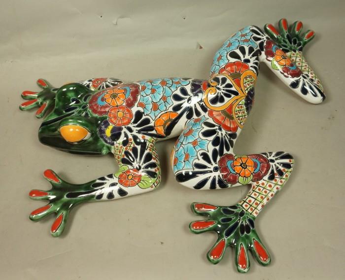 Lot 37  -  Large Talavera Pottery Frog Figural Sculptural. Paint decorated. Mexico. -- Dimensions:  H: 6 inches: W: 24 inches: D: 30 inches --- 