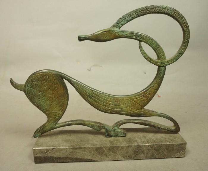 Lot 39  -  Modernist Gazelle Sculpture. Bronze with green paint finish. Marble base. Not signed. -- Dimensions:  H: 10.25 inches: W: 10.25 inches: D: 2.25 inches --- 