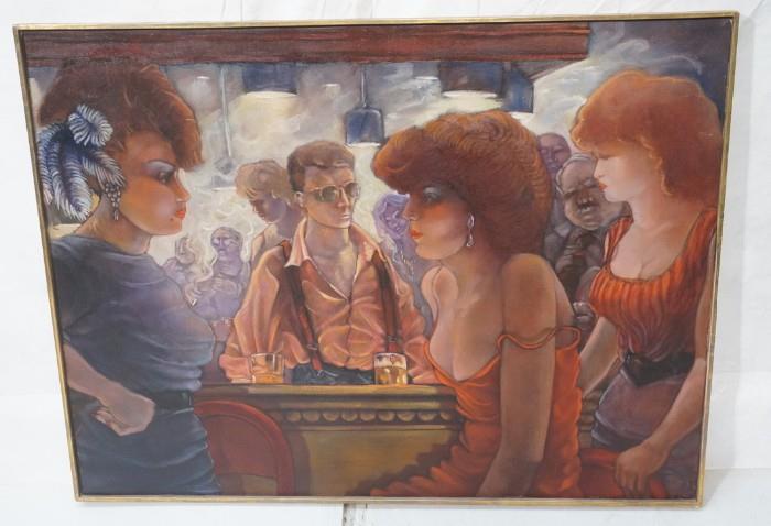 Lot 41  -  KEITH KELLER Oil Painting Bar Scene. 80's style figures at bar. Signed on back, NY 1985. Oil Painting Canvas. Signed on L/L-- Dimensions:  Image Size: H: 34.75 inches: W: 46 inches --- 