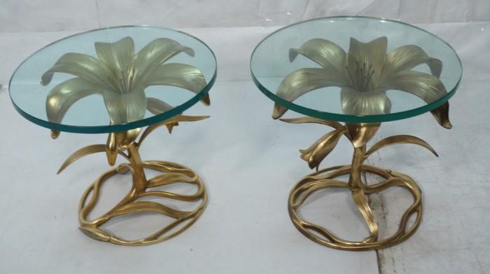 Lot 45  -  Pr ARTHUR COURT Floral Glass top Side Tables. 3/4" thick glass. Gold metal finish. -- Dimensions:  H: 17 inches: W: 19 inches: D: 19 inches --- 