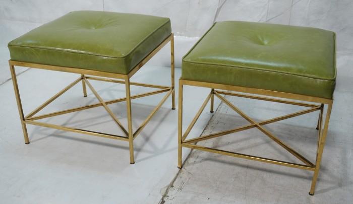 Lot 47  -  Pr Brass Paul McCobb style Brass Stools. Square Green vinyl cushion tops. Thin brass square tube frame with "X" stretcher.  Unmarked.-- Dimensions:  H: 19 inches: W: 20 inches: D: 20 inches --- 