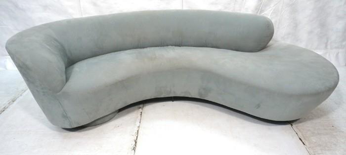 Lot 49  -  VLADIMIR KAGAN for Directional Serpentine Sofa Couch. Pale blue upholstery. Two pedestal bases with lucite center support. Missing label-- Dimensions:  H: 29 inches: L: 96 inches --- 