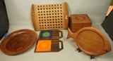 Lot 52  -  6pc Danish Teak Serving Pieces. Tableware. Square Cube Ice Bucket. Two Tile Trivets Cutting Boards. GALATIX English Fish shaped Server. Dansk Pierced Tray. Dansk Cutting board-- Dimensions:   --- 