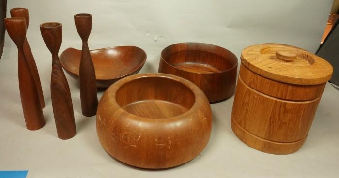 Lot 53  -  9pc Danish Teak Serving Pieces. Tableware. Two ice buckets. Three salad bowls. 2 pr candlesticks. All Denmark. Some Dansk. Nissen. Scan Look by AQ. -- Dimensions:   --- 