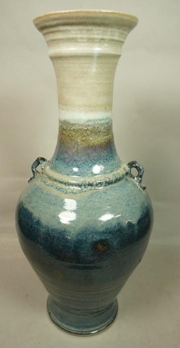 Lot 54  -  Large Pottery Long Necked Vase. DON FOSTER. Blue and oatmeal glazed ceramic form with small handles. signed. -- Dimensions:  H: 26 inches: W: 12 inches --- 