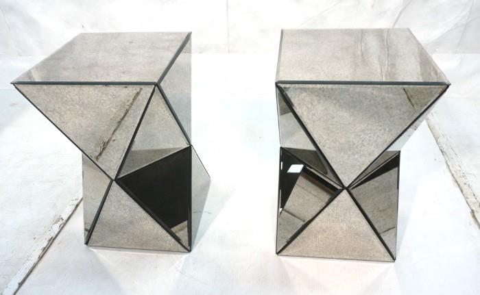 Lot 56  -  Pr Faceted Mirror Side Table. Triangle shaped mirror panels. -- Dimensions:  H: 20.5 inches: W: 12.25 inches --- 