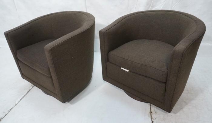 Lot 59  -  Pr DUNBAR Barrel Back Chairs. Swivel Chairs on Round Wood Base. EDWARD WORMLEY. Cushion seat with brown black tweedy fabric. Dunbar decking. -- Dimensions:  H: 28 inches: W: 28 inches: D: 28 inches --- 