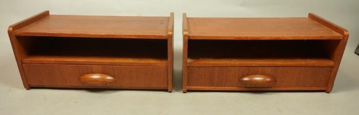 Lot 62  -  Pair Small Danish Teak Wall Shelves.  One top with one drawer.  Wood pulls.-- Dimensions:  H: 7 inches: W: 14.5 inches: D: 8 inches --- 