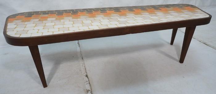 Lot 70  -  Modernist Tile Top Coffee Cocktail Table.  Petal form tiles.  Walnut frame.-- Dimensions:  H: 15.5 inches: W: 60 inches: D: 22.5 inches --- 