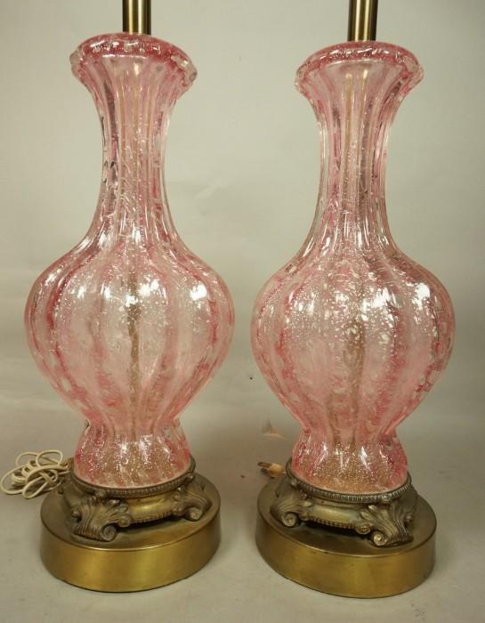 Lot 74  -  Pair Murano Glass Table Lamps.  Pink with internal silver flecks.  Metal Bases.-- Dimensions:  H: 23.5 inches: W: 8 inches --- 