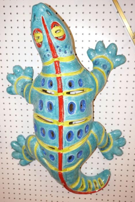 Lot 80  -  Large Ceramic Lizard Wall Sculpture.  Signed J. Young 1998.    Very colorful.  Metal Mounting brackets.-- Dimensions:  H: 28.5 inches: W: 19 inches: D: 9.5 inches --- 
