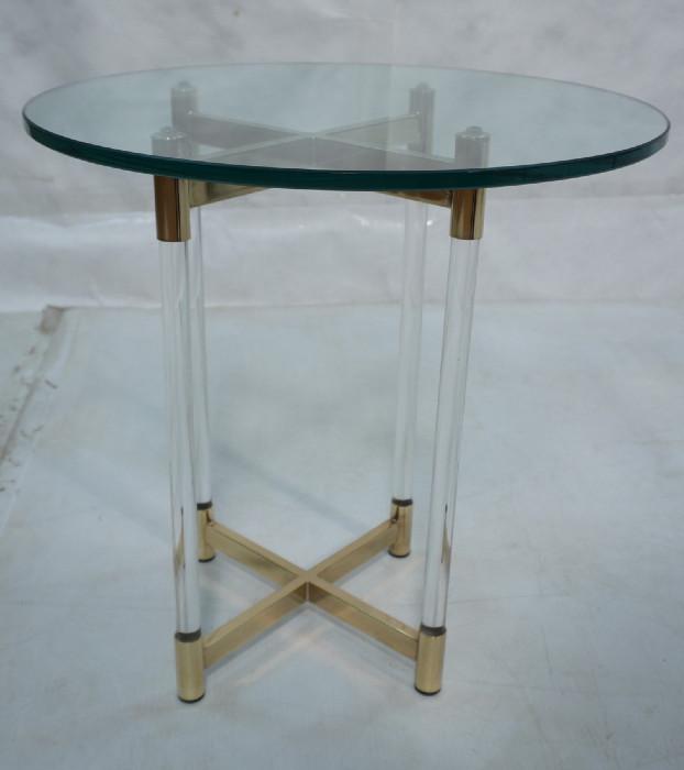 Lot 94  -  Modernist Acrylic and Glass Tabouret Table.  Brass finish metal mounts.  1/2" thick glass.-- Dimensions:  H: 20.5 inches: W: 20 inches --- 