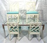 Lot 97  -  70's Modern Dining Set.  6 White lattice back dining chairs and Aluminum and glass Dining table with inset white lattice design.  Inset glass.-- Dimensions:  H: 29.25 inches: W: 70 inches: D: 36 inches --- 