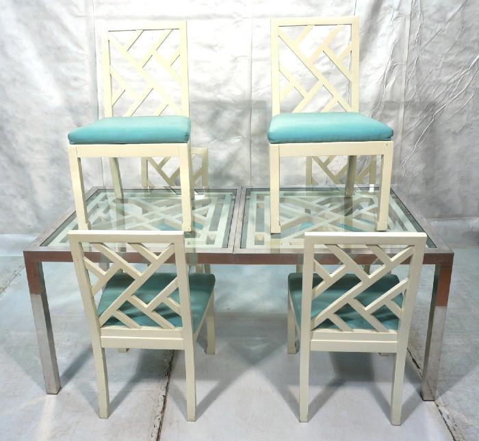 Lot 97  -  70's Modern Dining Set.  6 White lattice back dining chairs and Aluminum and glass Dining table with inset white lattice design.  Inset glass.-- Dimensions:  H: 29.25 inches: W: 70 inches: D: 36 inches --- 